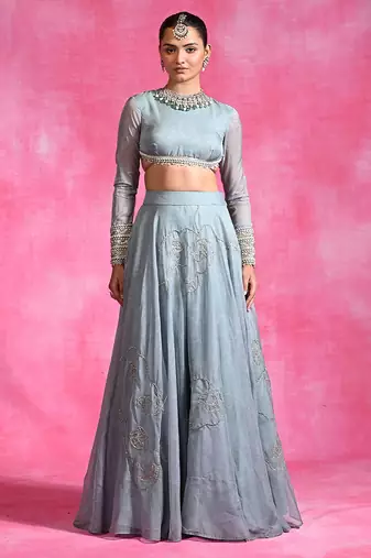 Ice Blue Thread Embroidered Organza Lehenga Set