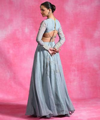 Ice Blue Thread Embroidered Organza Lehenga Set 4
