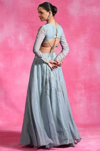 Ice Blue Thread Embroidered Organza Lehenga Set
