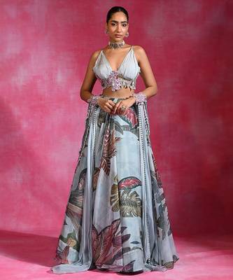 Ice Blue Floral Printed Organza Crepe Lehenga Set 1