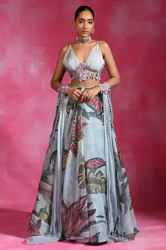 Ice Blue Floral Printed Organza Crepe Lehenga Set