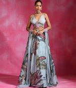 Ice Blue Floral Printed Organza Crepe Lehenga Set