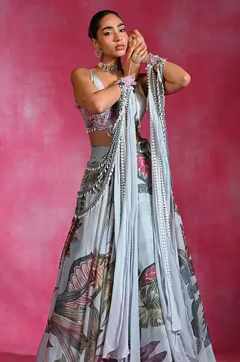 Ice Blue Floral Printed Organza Crepe Lehenga Set