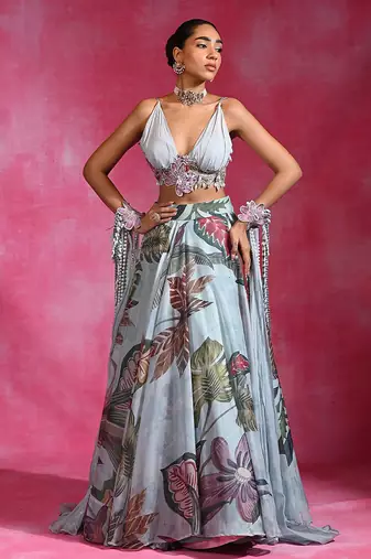 Ice Blue Floral Printed Organza Crepe Lehenga Set