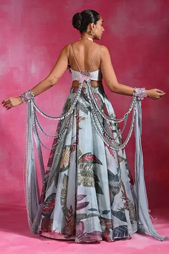 Ice Blue Floral Printed Organza Crepe Lehenga Set