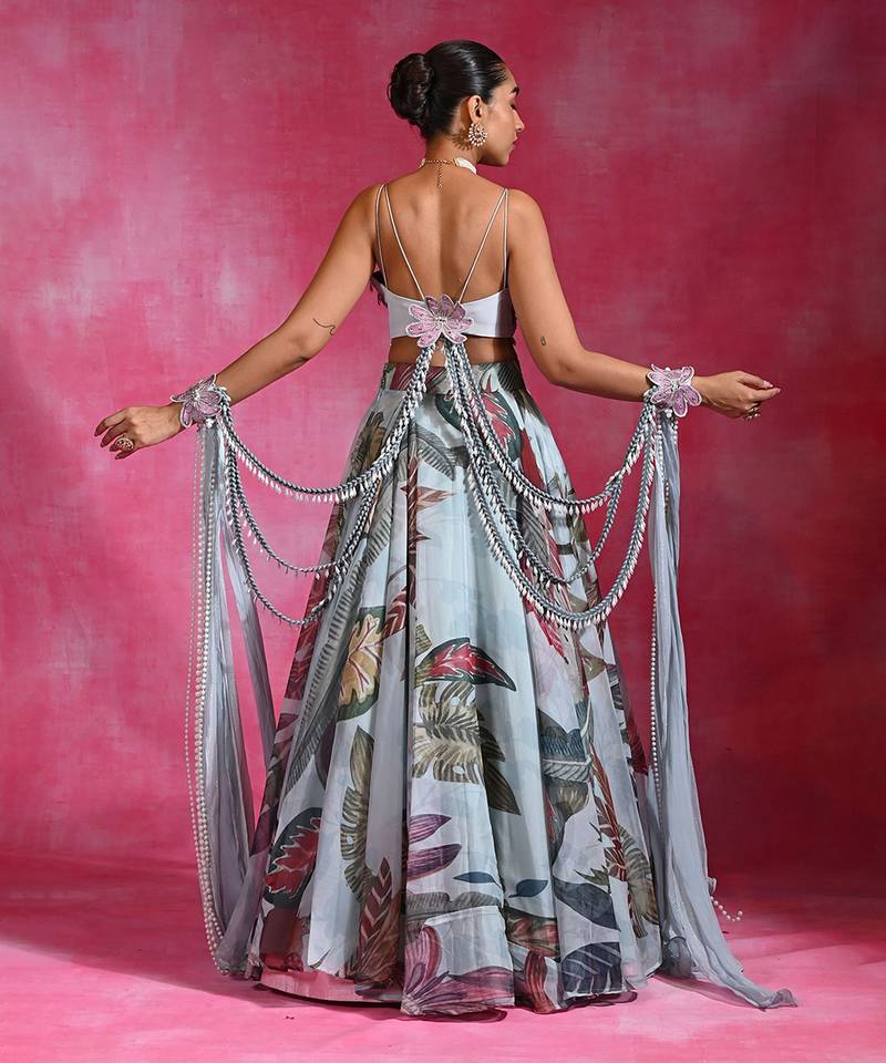 Ice Blue Floral Printed Organza Crepe Lehenga Set