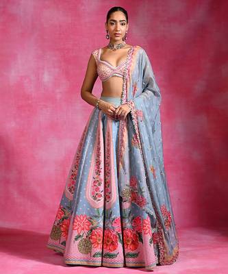 Ice Blue Pink Floral Printed Crepe Lehenga Set 1