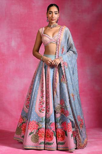 Ice Blue Pink Floral Printed Crepe Lehenga Set