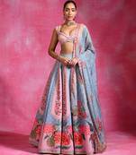 Ice Blue Pink Floral Printed Crepe Lehenga Set
