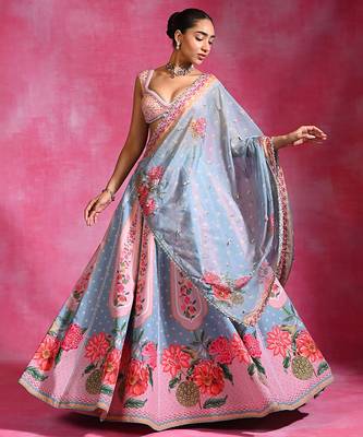 Ice Blue Pink Floral Printed Crepe Lehenga Set 2
