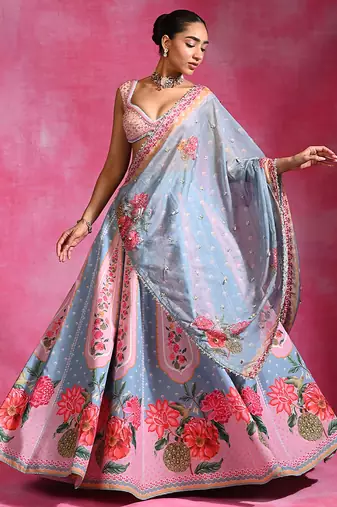 Ice Blue Pink Floral Printed Crepe Lehenga Set