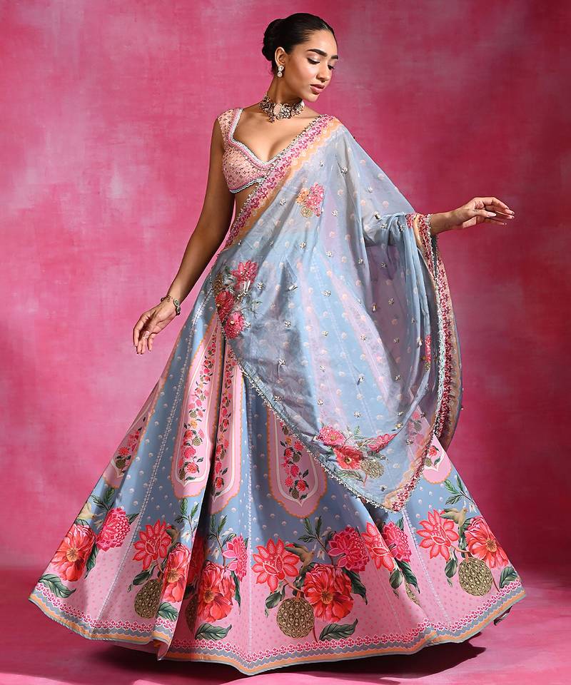 Ice Blue Pink Floral Printed Crepe Lehenga Set