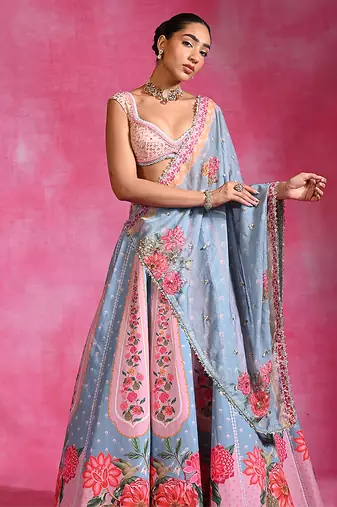 Ice Blue Pink Floral Printed Crepe Lehenga Set