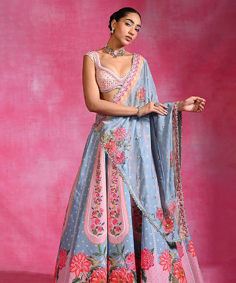 Ice Blue Pink Floral Printed Crepe Lehenga Set