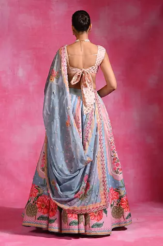 Ice Blue Pink Floral Printed Crepe Lehenga Set