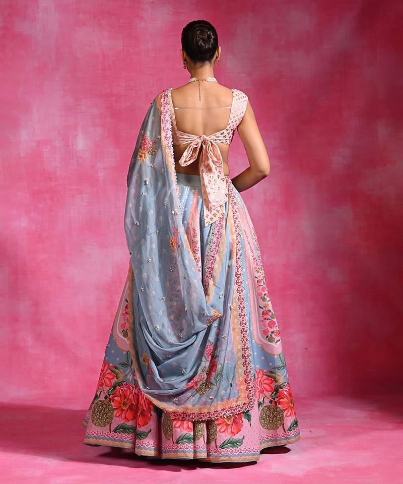 Ice Blue Pink Floral Printed Crepe Lehenga Set