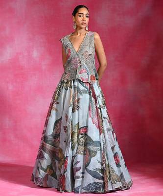 Ice Blue Floral Printed Organza Mesh Jute Lehenga Set 1