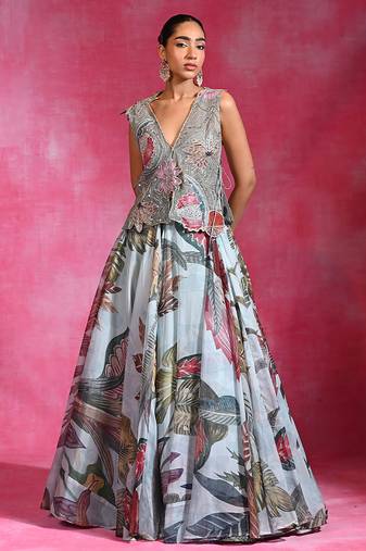 Ice Blue Floral Printed Organza Mesh Jute Lehenga Set