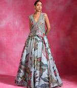 Ice Blue Floral Printed Organza Mesh Jute Lehenga Set