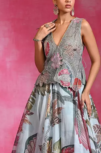 Ice Blue Floral Printed Organza Mesh Jute Lehenga Set