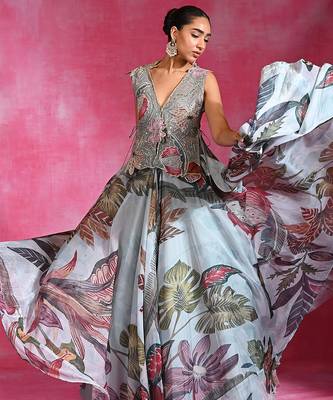 Ice Blue Floral Printed Organza Mesh Jute Lehenga Set 3