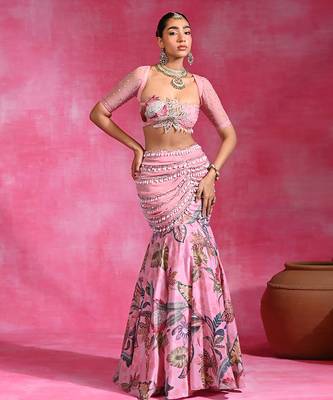Sugar Pink Printed Crepe Organza Mermaid Lehenga Set 1