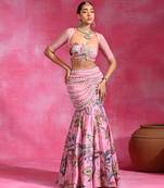Sugar Pink Printed Crepe Organza Mermaid Lehenga Set