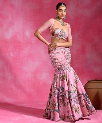 Sugar Pink Printed Crepe Organza Mermaid Lehenga Set 2