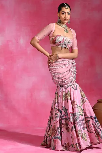 Sugar Pink Printed Crepe Organza Mermaid Lehenga Set