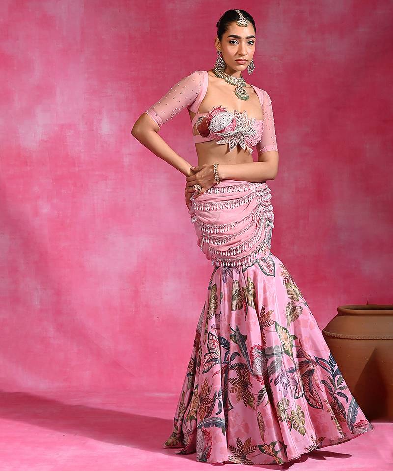 Sugar Pink Printed Crepe Organza Mermaid Lehenga Set