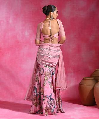 Sugar Pink Printed Crepe Organza Mermaid Lehenga Set 4