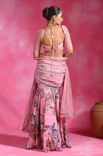 Sugar Pink Printed Crepe Organza Mermaid Lehenga Set