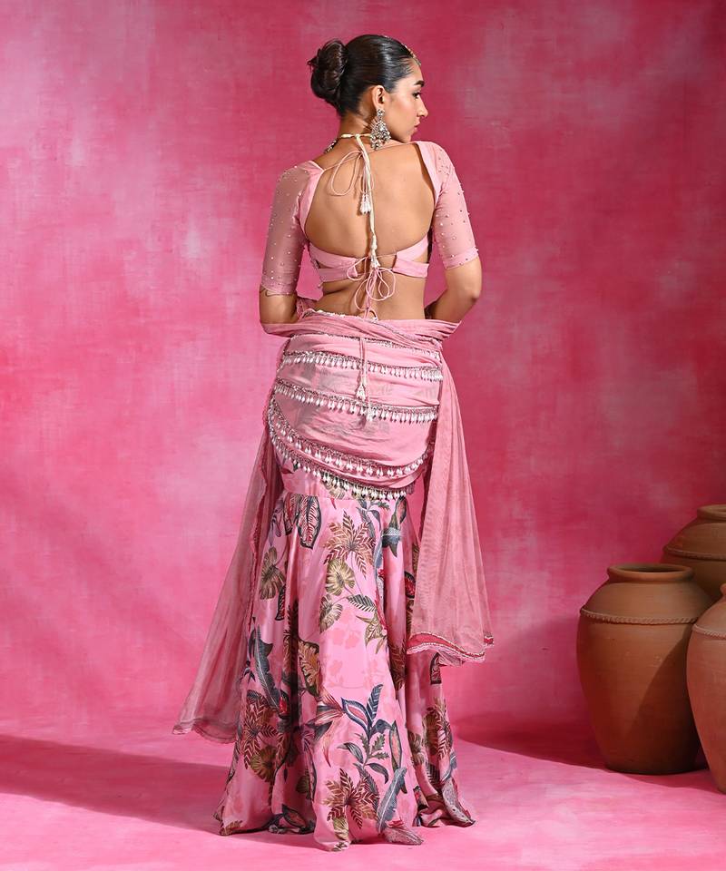 Sugar Pink Printed Crepe Organza Mermaid Lehenga Set