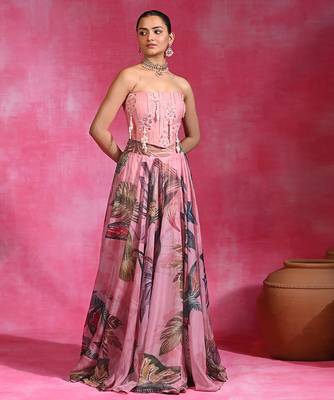 Sugar Pink Printed Organza Chanderi Corset Lehenga Set 1