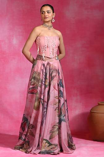 Sugar Pink Printed Organza Chanderi Corset Lehenga Set