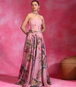 Sugar Pink Printed Organza Chanderi Corset Lehenga Set