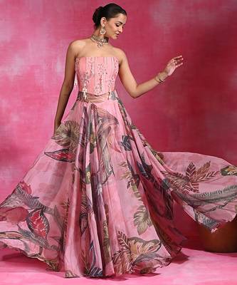 Sugar Pink Printed Organza Chanderi Corset Lehenga Set 2