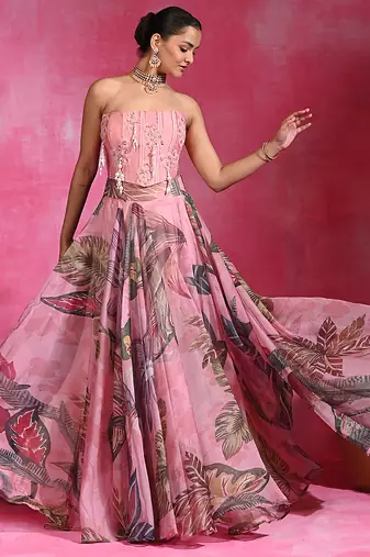 Sugar Pink Printed Organza Chanderi Corset Lehenga Set