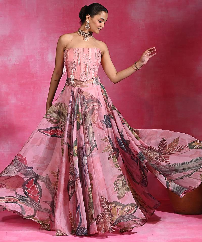 Sugar Pink Printed Organza Chanderi Corset Lehenga Set
