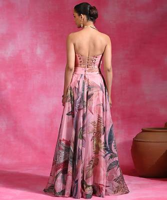 Sugar Pink Printed Organza Chanderi Corset Lehenga Set 3