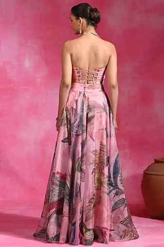 Sugar Pink Printed Organza Chanderi Corset Lehenga Set