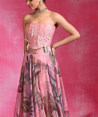 Sugar Pink Printed Organza Chanderi Corset Lehenga Set 4