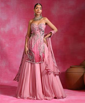 Sugar Pink Organza Beaded Kurti Lehenga Set 1
