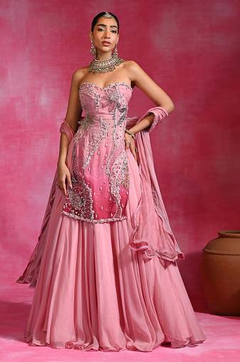 Sugar Pink Organza Beaded Kurti Lehenga Set
