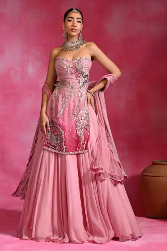 Sugar Pink Organza Beaded Kurti Lehenga Set