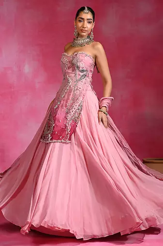 Sugar Pink Organza Beaded Kurti Lehenga Set