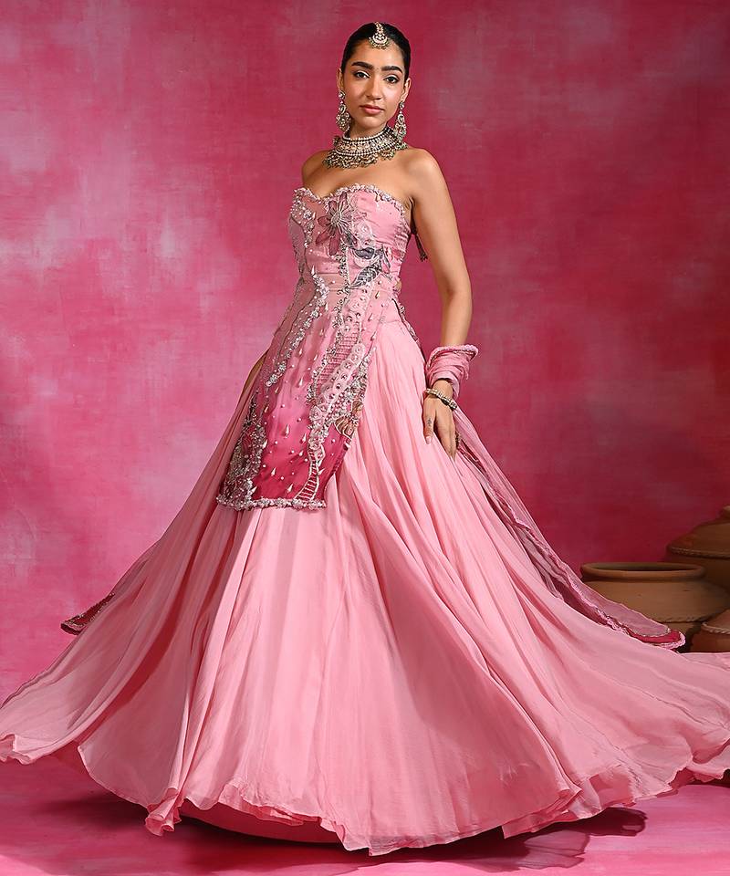Sugar Pink Organza Beaded Kurti Lehenga Set