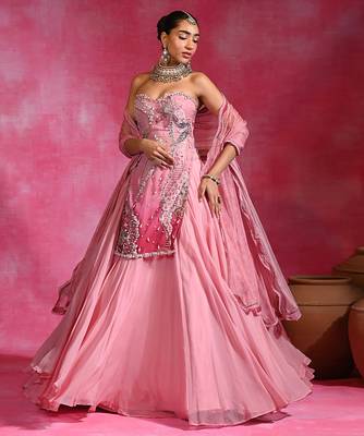 Sugar Pink Organza Beaded Kurti Lehenga Set 3