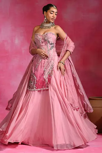 Sugar Pink Organza Beaded Kurti Lehenga Set
