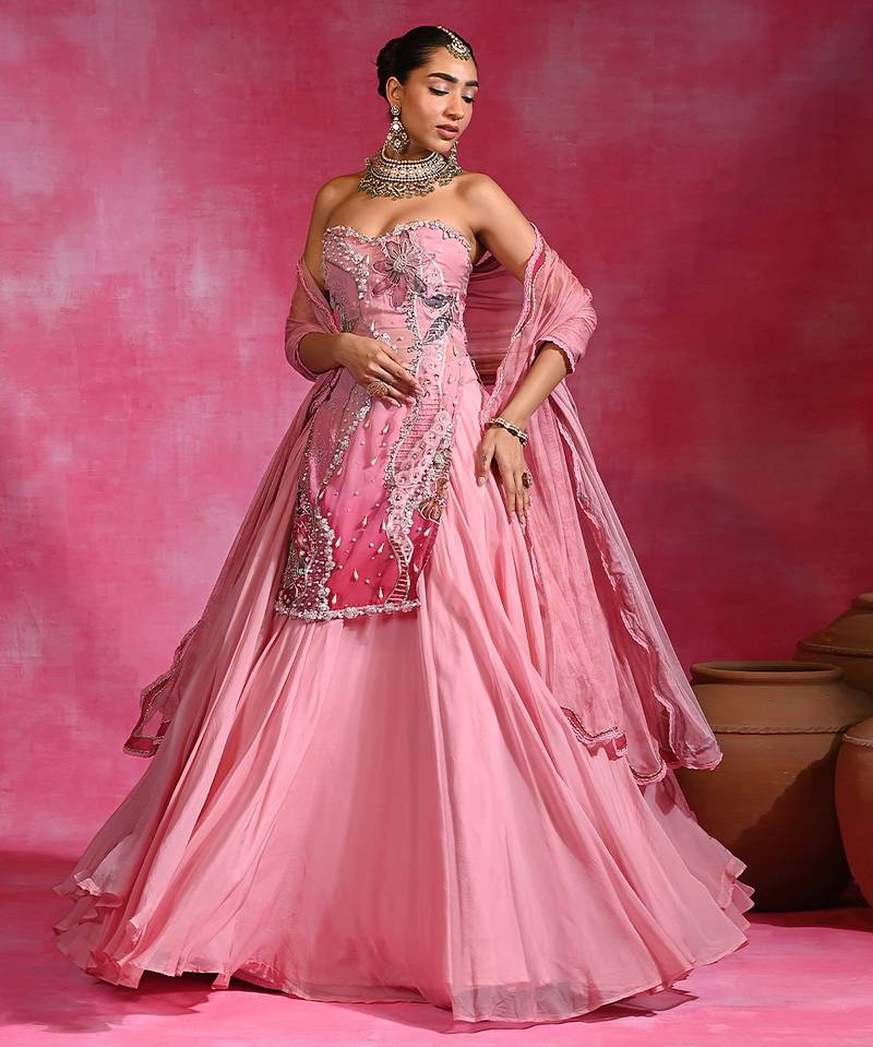 Sugar Pink Organza Beaded Kurti Lehenga Set